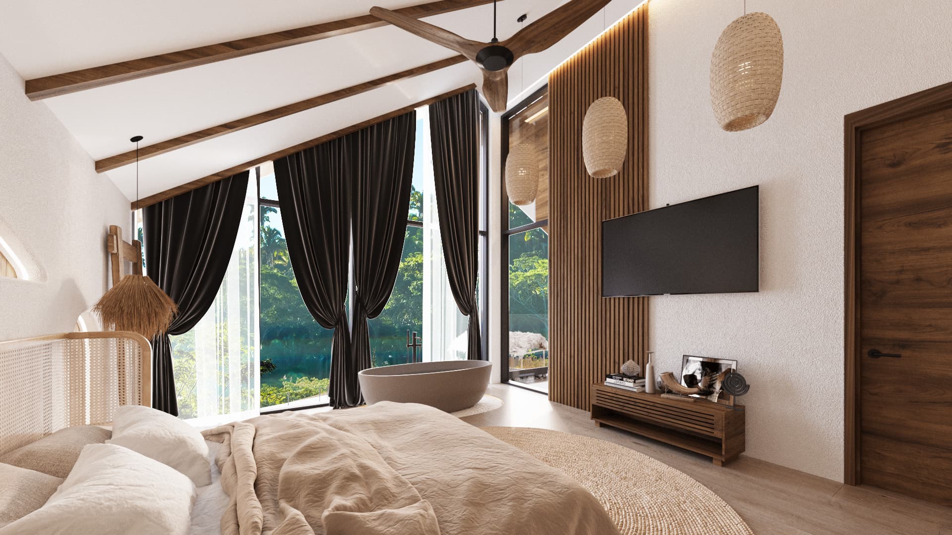 Villa Avatar in Ubud, slaapkamer met uitzicht op de jungle